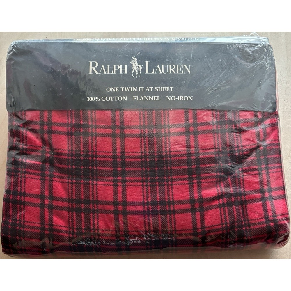 Vintage Ralph Lauren Flat Sheet Twin NIP NOS Jackson Red Plaid Flannel Cotton